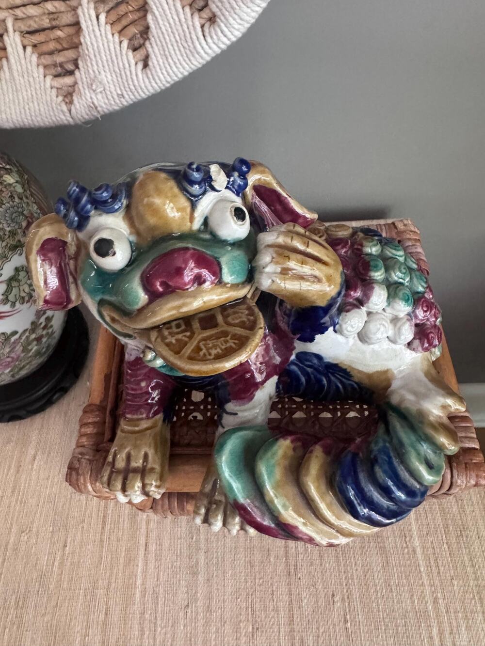 Vintage Chinoiserie Multicolor Wucai Foo Dog Sculpture with Prosperity Coin